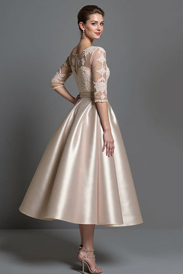 Apricot Half Sleeves Satin A Line Long Mother Of The Bride Dress With Lace